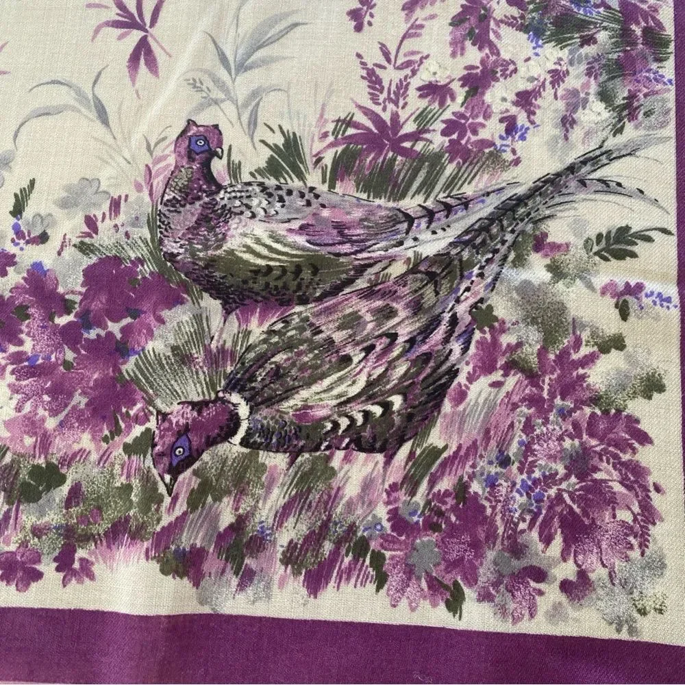 Challis Pheasant Print Equestrian Style Raw Hem Square Scarf